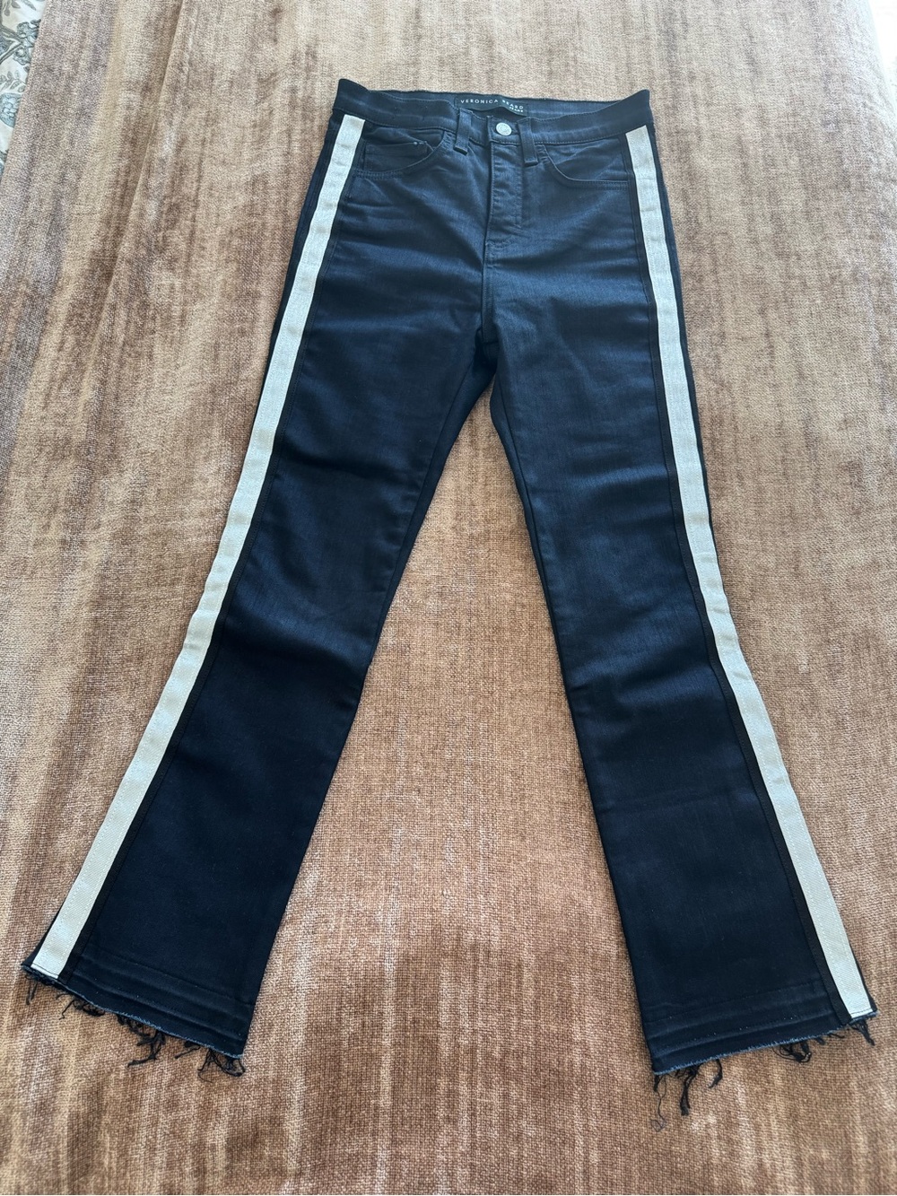 Veronica Beard Dark Denim Flare Jeans with Silver Side Stripe